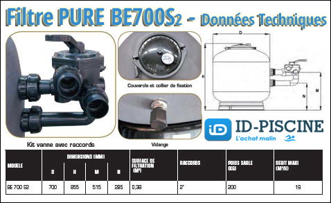 Filtre à sable bobiné Pure Bobin'Eau 700 Side2 - données techniques Filtre à sable bobiné Pure Bobin'Eau 700 Side2 - débit 19 m3/h - données techniques