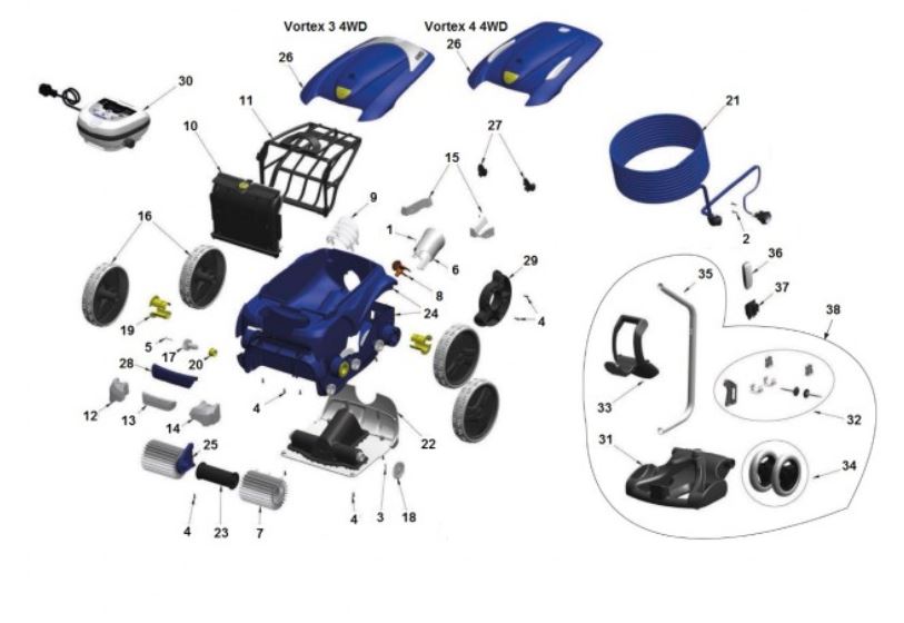 Eclaté bloc moteur robot Zodiac Vortex 3 3WD